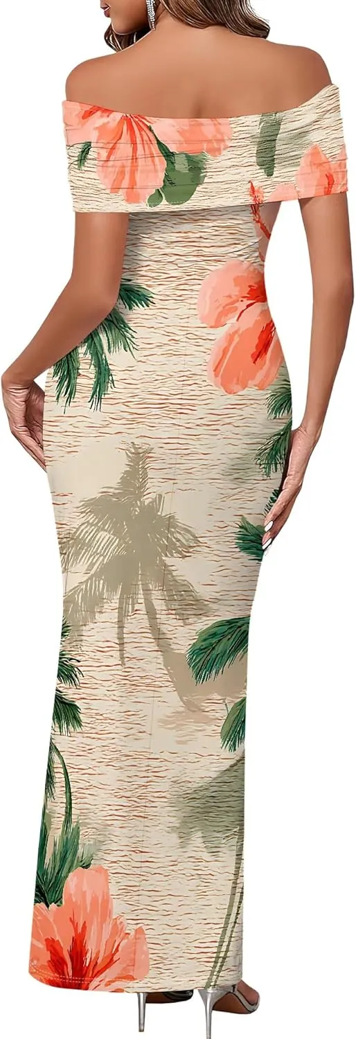 Women's Floral Maxi Dress 2025 Summer Off The Shoulder Ruched Bodycon Fitted Long Elegant Cocktail Party Dresses