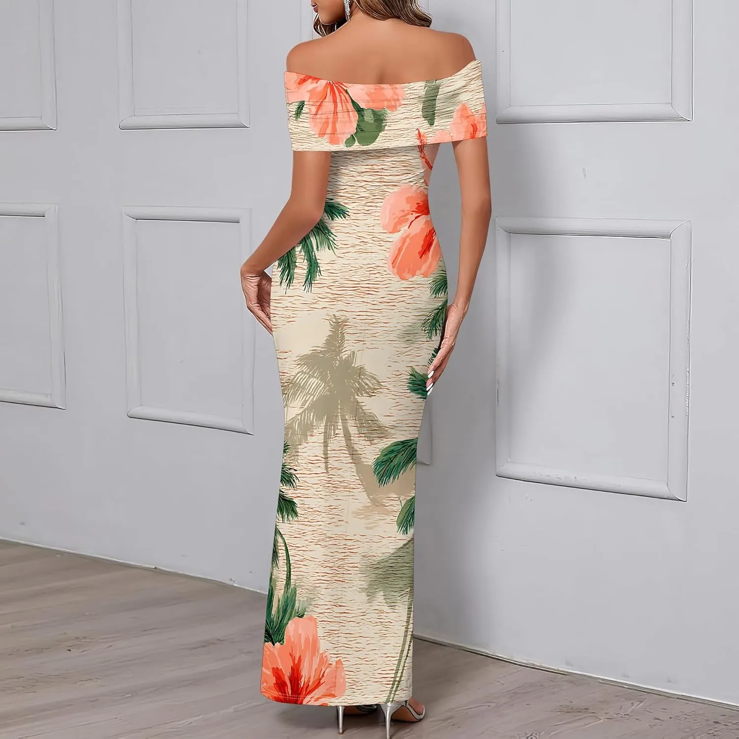 Women's Floral Maxi Dress 2025 Summer Off The Shoulder Ruched Bodycon Fitted Long Elegant Cocktail Party Dresses