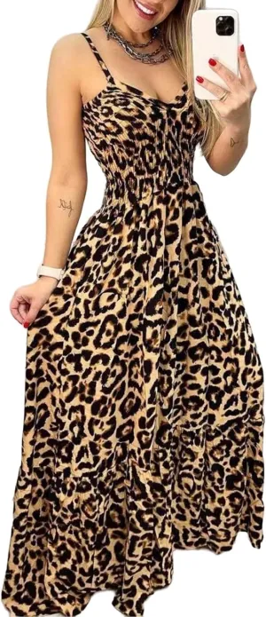 Womens Maxi Dresses Leopard Print V Neck High Waist Spaghetti Strap Dress Sleeveless Cocktail Party Long Dresses