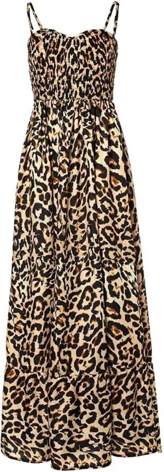 Womens Maxi Dresses Leopard Print V Neck High Waist Spaghetti Strap Dress Sleeveless Cocktail Party Long Dresses