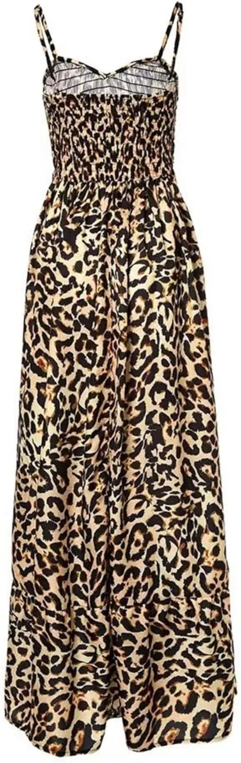 Womens Maxi Dresses Leopard Print V Neck High Waist Spaghetti Strap Dress Sleeveless Cocktail Party Long Dresses