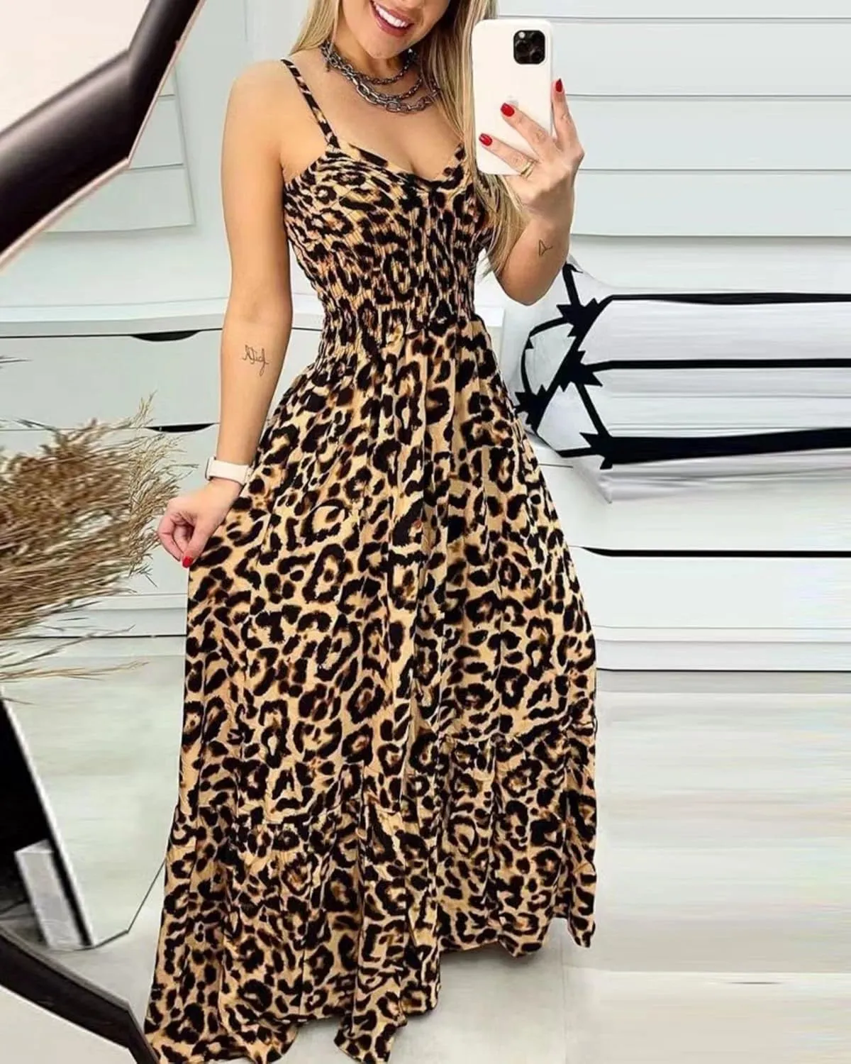 Womens Maxi Dresses Leopard Print V Neck High Waist Spaghetti Strap Dress Sleeveless Cocktail Party Long Dresses