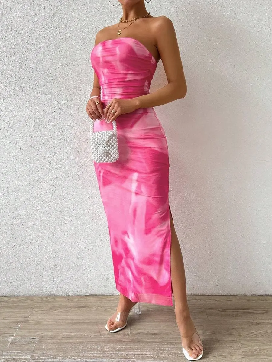 Women's Summer Dress Printed Strapless Tube Dress Bodycon Long Dress Side Slit Mesh Layered