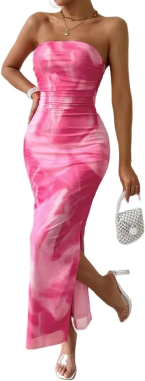 Women's Summer Dress Printed Strapless Tube Dress Bodycon Long Dress Side Slit Mesh Layered