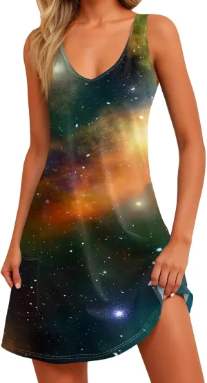Womens Summer Dresses Beach Printed Sundress Sleeveless 2025 Swimsuit Coverup Vacation V Neck Dress with Pocket