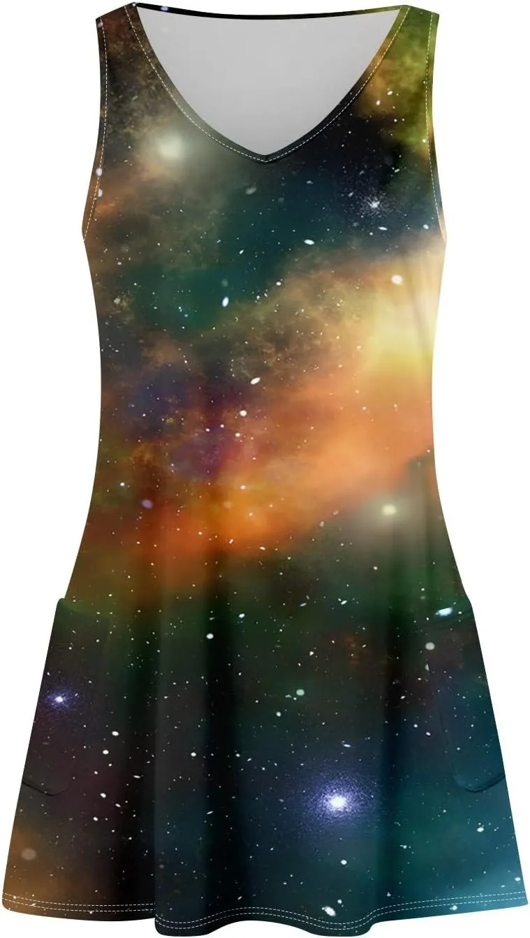 Womens Summer Dresses Beach Printed Sundress Sleeveless 2025 Swimsuit Coverup Vacation V Neck Dress with Pocket