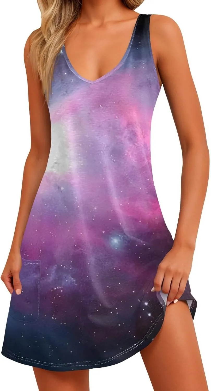 Womens Summer Dresses Vacation V Neck Dress with Pocket Printed 2025 Swimsuit Coverup Beach Sleeveless Sundress