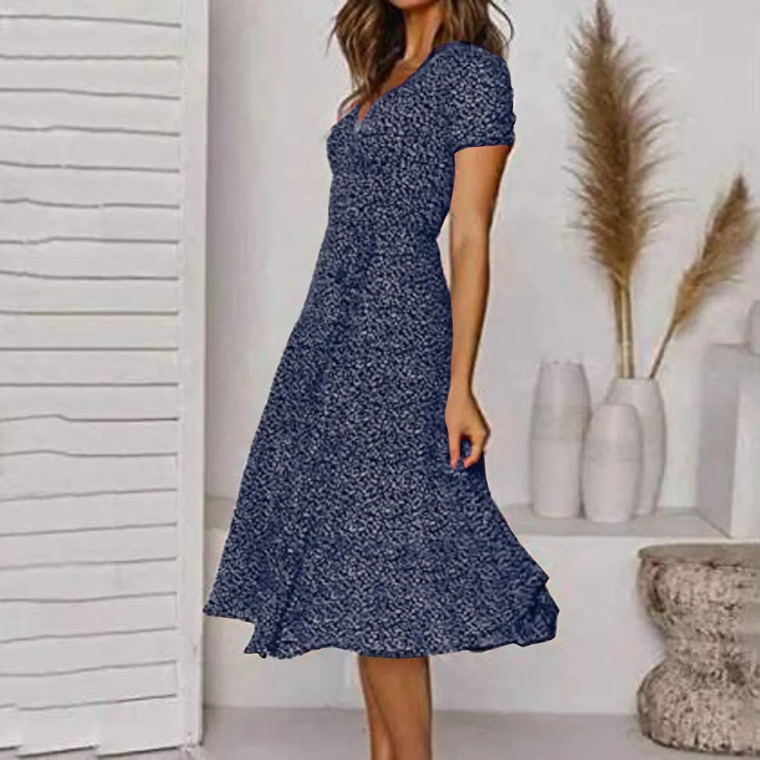 Women's Summer Maxi Dress Casual Wrap Floral Boho Short Sleeve V Neck Split Ruffle Beach Long Dresses
