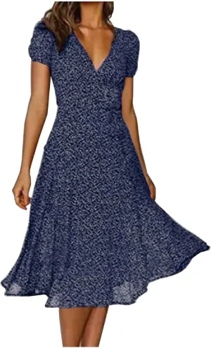 Women's Summer Maxi Dress Casual Wrap Floral Boho Short Sleeve V Neck Split Ruffle Beach Long Dresses
