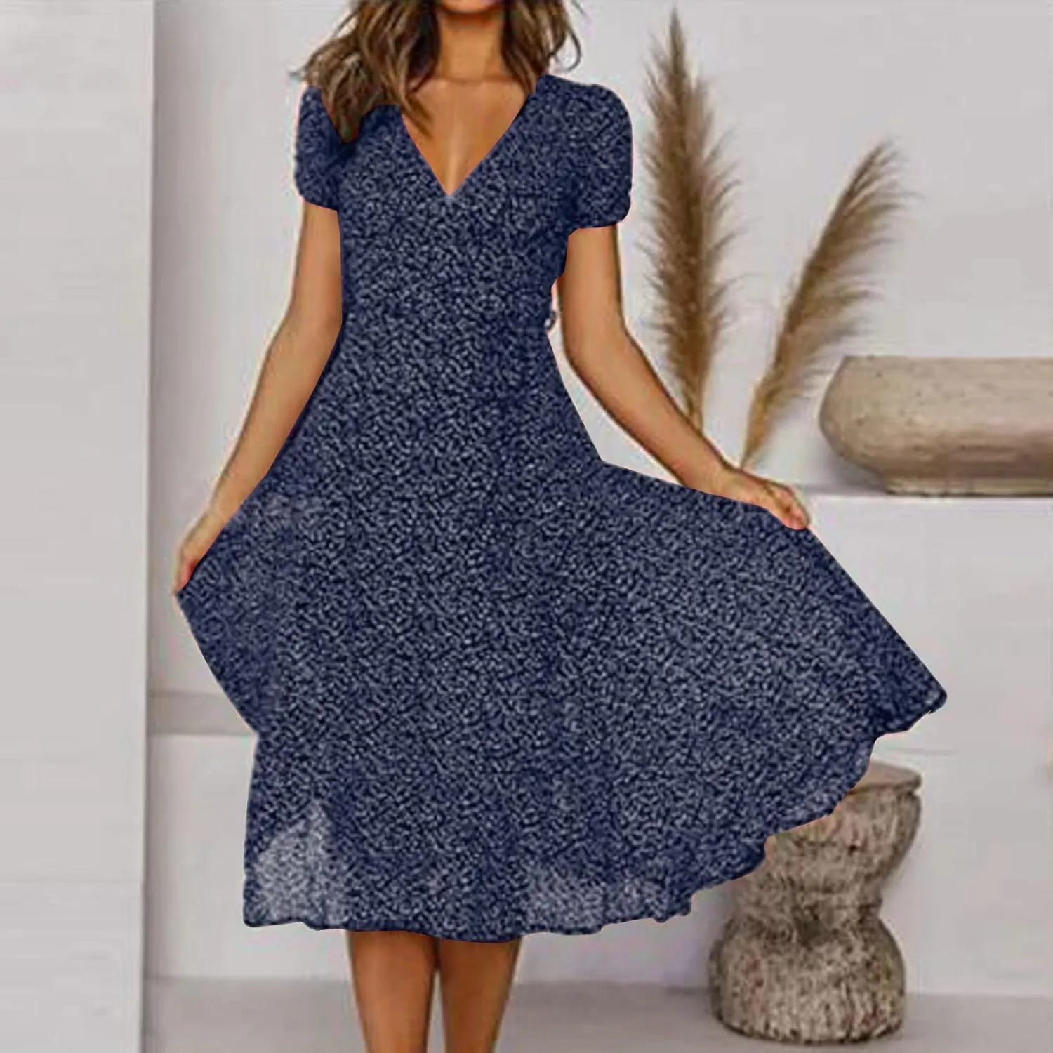 Women's Summer Maxi Dress Casual Wrap Floral Boho Short Sleeve V Neck Split Ruffle Beach Long Dresses
