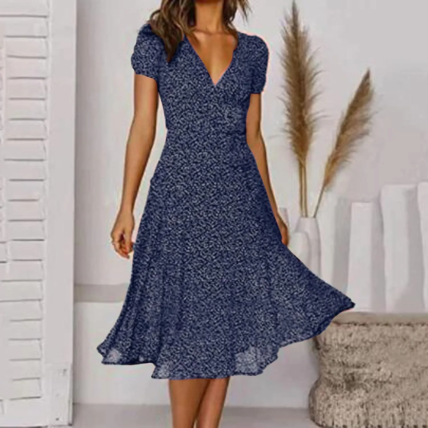 Women's Summer Maxi Dress Casual Wrap Floral Boho Short Sleeve V Neck Split Ruffle Beach Long Dresses