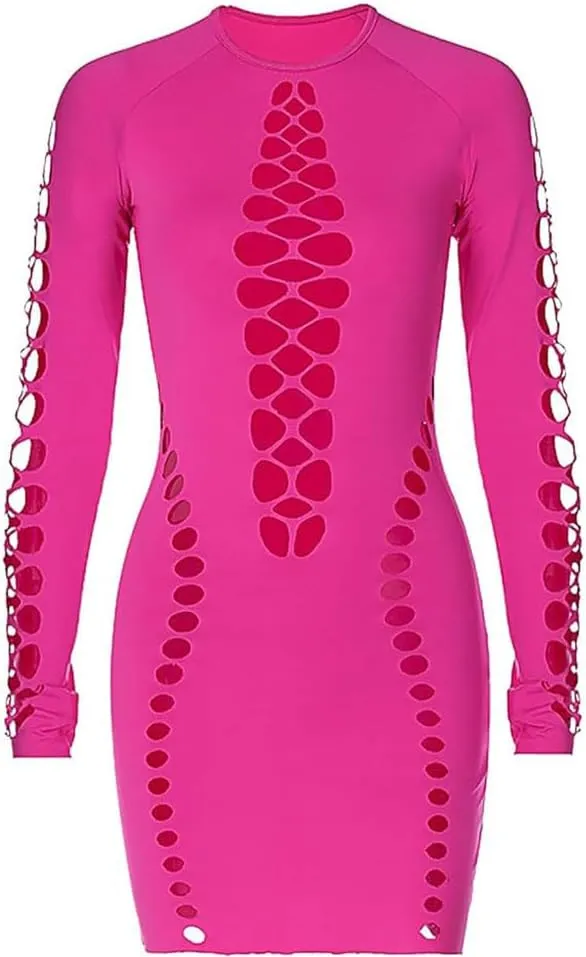 XGOPTS Women Sexy Mesh Nightclub Dress Hollow Out Club Mini Dress Ruched Bodycon Dress Fishnet Long Sleeve Party Dress
