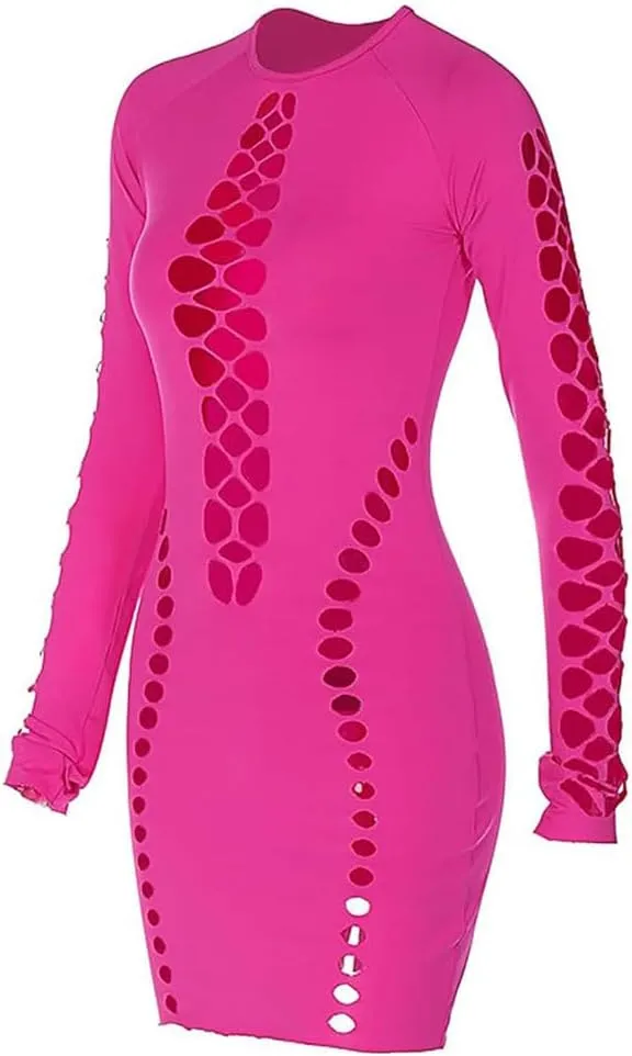 XGOPTS Women Sexy Mesh Nightclub Dress Hollow Out Club Mini Dress Ruched Bodycon Dress Fishnet Long Sleeve Party Dress