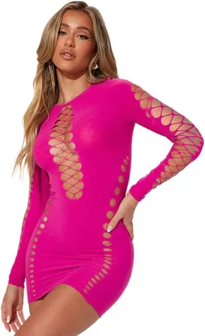 XGOPTS Women Sexy Mesh Nightclub Dress Hollow Out Club Mini Dress Ruched Bodycon Dress Fishnet Long Sleeve Party Dress