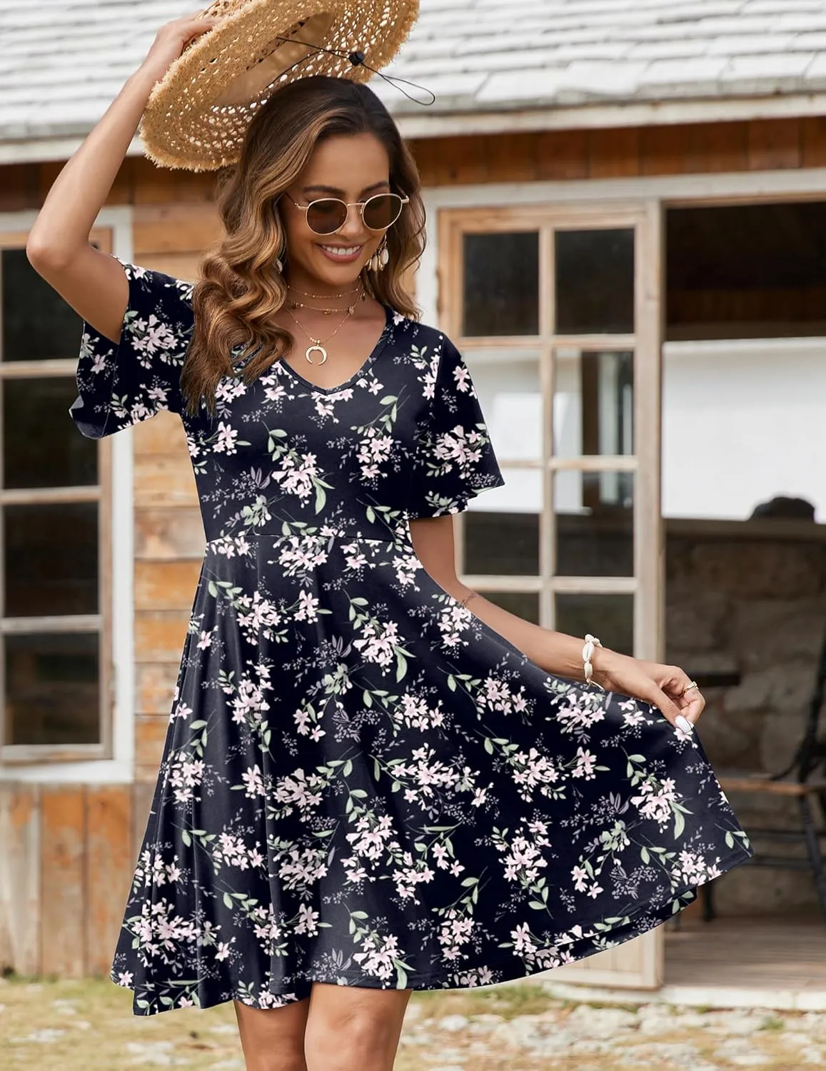 Zeagoo Womens Summer Dress Casual Swing Floral Ruffle Short Sleeve Sundresses Beach Mini A-line Shift Dress 2025 with Pockets