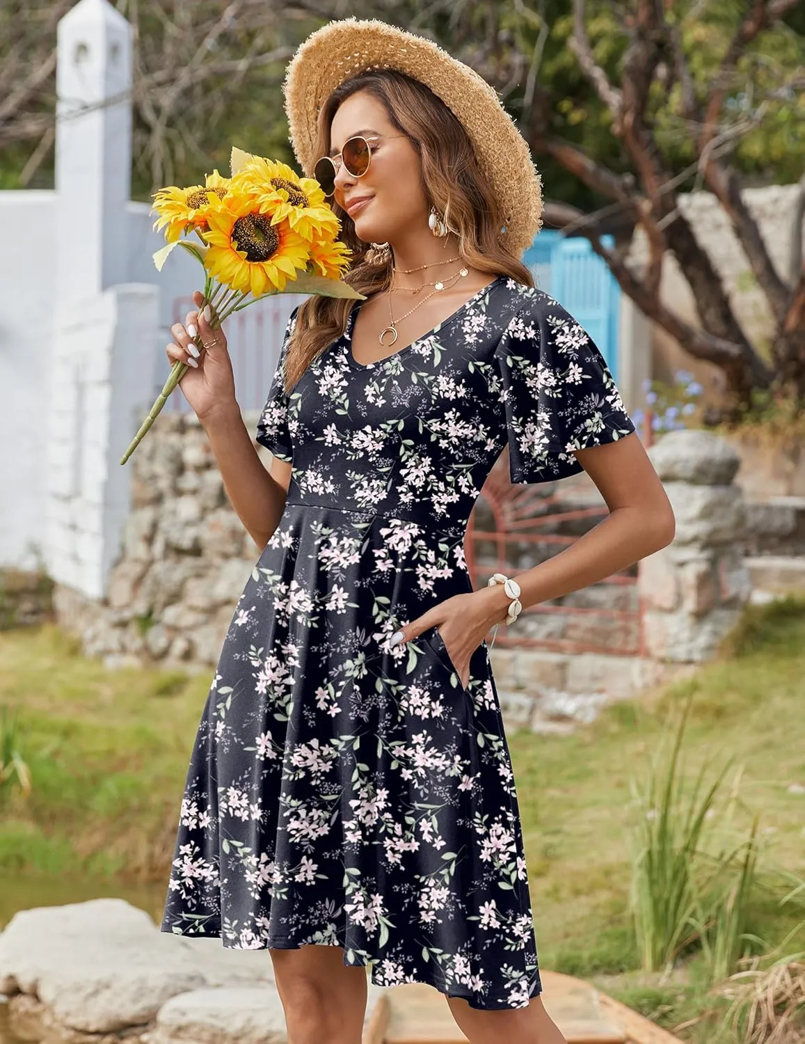 Zeagoo Womens Summer Dress Casual Swing Floral Ruffle Short Sleeve Sundresses Beach Mini A-line Shift Dress 2025 with Pockets