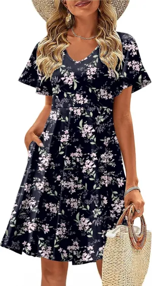 Zeagoo Womens Summer Dress Casual Swing Floral Ruffle Short Sleeve Sundresses Beach Mini A-line Shift Dress 2025 with Pockets